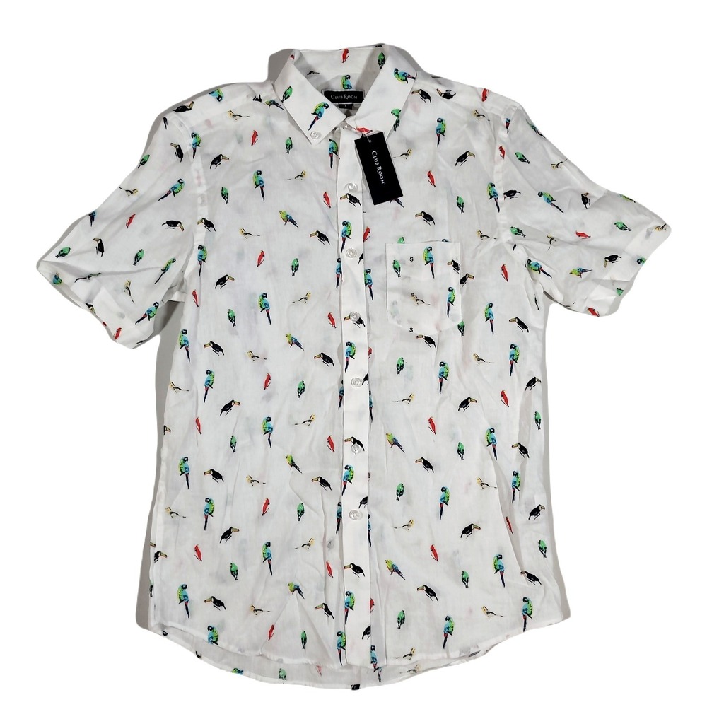 Club Room Textured Jungle Bird-Print‎ Shirt Mens Small White Regular-Fit NEW